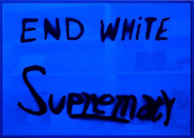 Sam Durant, ‘End White Supremacy (Mirrored - Blue)’, 2021, Print, 1-color hand-pulled screen print on amber mirrored plexiglass, Louis Buhl & Co, Framed