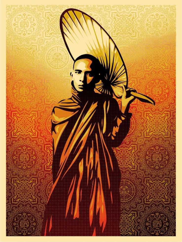 Shepard Fairey (Obey), ‘Burmese Monk’, 2009, Print, Screenprint in colours on speckled paper, Self-released, Numbered, Dated