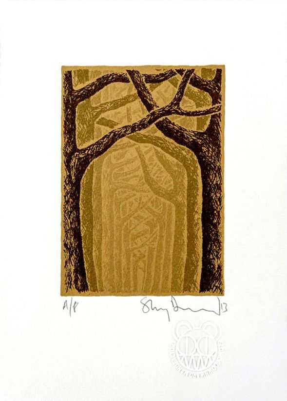 Stanley Donwood, ‘Golden Solstice Avenue’, 2013, Print, Screenprint on 250gsm Somerset Velvet white stock from St Cuthbert’s Mill in Wells, Somerset, England and the gold used is 23.5 carat powdered gold from L. Cornelisson & Son of London, Self-released, Numbered, Dated