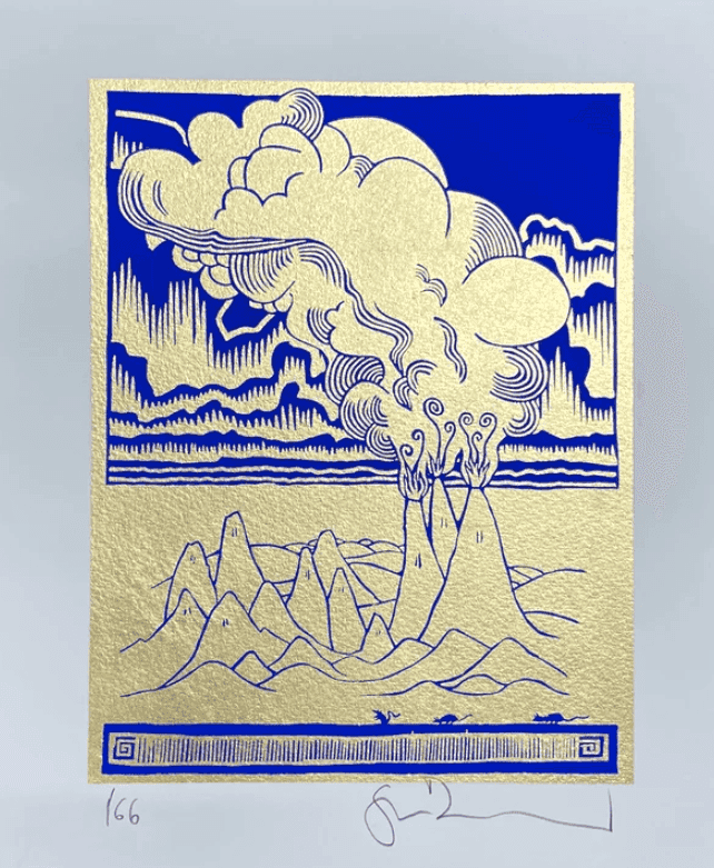 Stanley Donwood, ‘Rattus Volcanicus’, 2024, Print, Somerset velvet soft white paper, 300gsm, IKB - international klein blue, from Adam Colour Merchant of Paris, screen printed on 23.5 ct gold leaf, hand torn edges, TIN MAN ART, Numbered