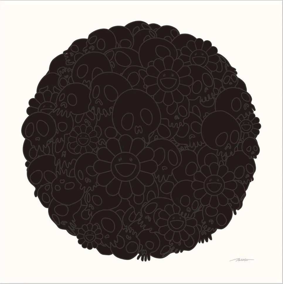 Takashi Murakami, ‘Black Flowers & Skulls Round’, 01-07-2020, Print, Silkscreen printed on paper with spray pain, NTWRK, Numbered, Handfinished