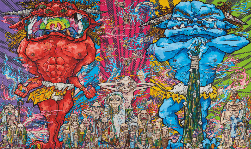 Takashi Murakami, ‘Red Demon and Blue Demon with 48 Arhats’, 2013, Print, acrylic, gold and platinum leaf on canvas mounted on board, in 5 parts, null, Dated