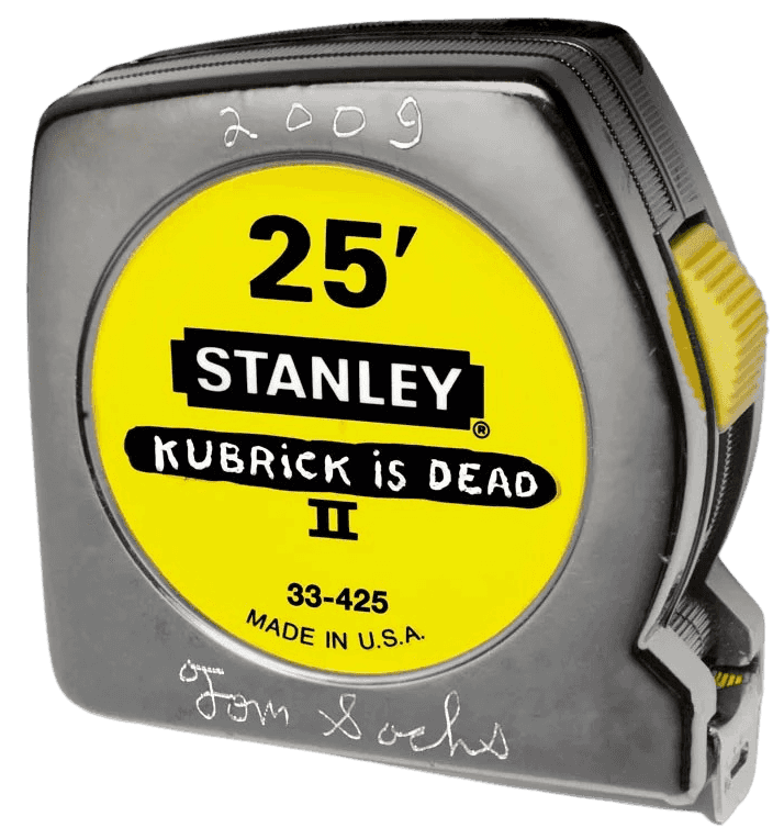 Tom Sachs, ‘Stanley Kubrick Tape Measure’, 2009, Sculpture, Yellow vinyl sticker, Stanley chrome tape measure  25' #33-425, Self-released, Numbered