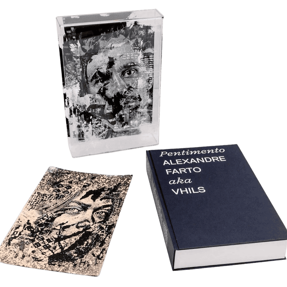 Vhils, ‘Pentimento Special Edition’, 2020, Print, Slipcase in 4 mm crystal acrylic. Digital printing on two sides + screenprint on paper screenprint ink, Quink ink, bleach, and acid. hand-finished on Keaykolour Original China White 300 g/m2 paper, Underdogs Gallery, Numbered, Handfinished
