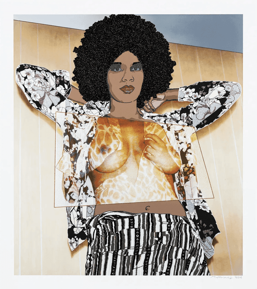 Mickalene Thomas, ‘Portrait of Maya #10’, 2024, Print, UV pigment print on 410gsm Somerset Tub Sized Radiant White paper with 4 metallic silkscreen glitter and shimmer layers, a CMYK silkscreen central panel and matte varnish seal, Avant Arte, Numbered, Dated