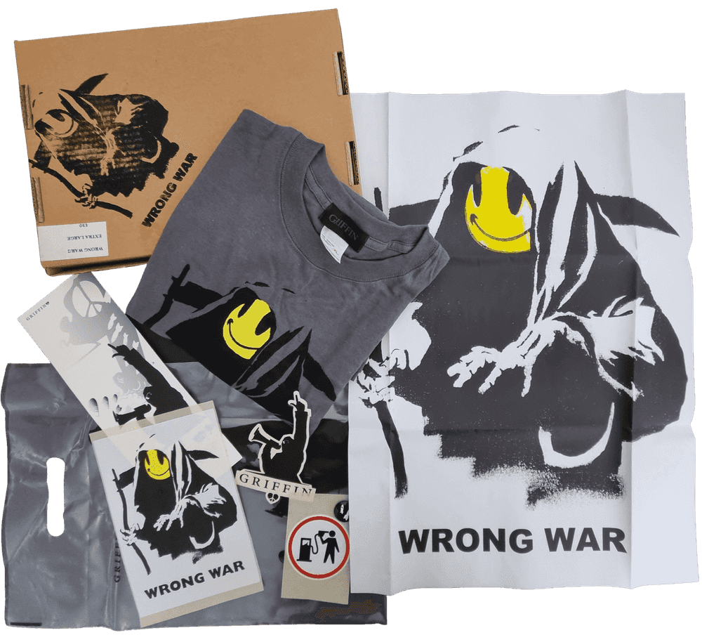 Banksy, ‘Wrong War (Complete Box Set)’, 2003, Print, Original rare wrong war box with rare black and white with yellow hand painted face folded as issued inside. Also contained a large card with Banksy quote and the artwork "men with megaphone" the circular early rare petrol head sticker (also used by the band Blur since 2003  ) a large wrong war sticker, and another Griffin sticker designed by Banksy, the rare tee grim reaper wrong war, limited and the clear plastic bag with black early graphic from the japanese campaign., null, 