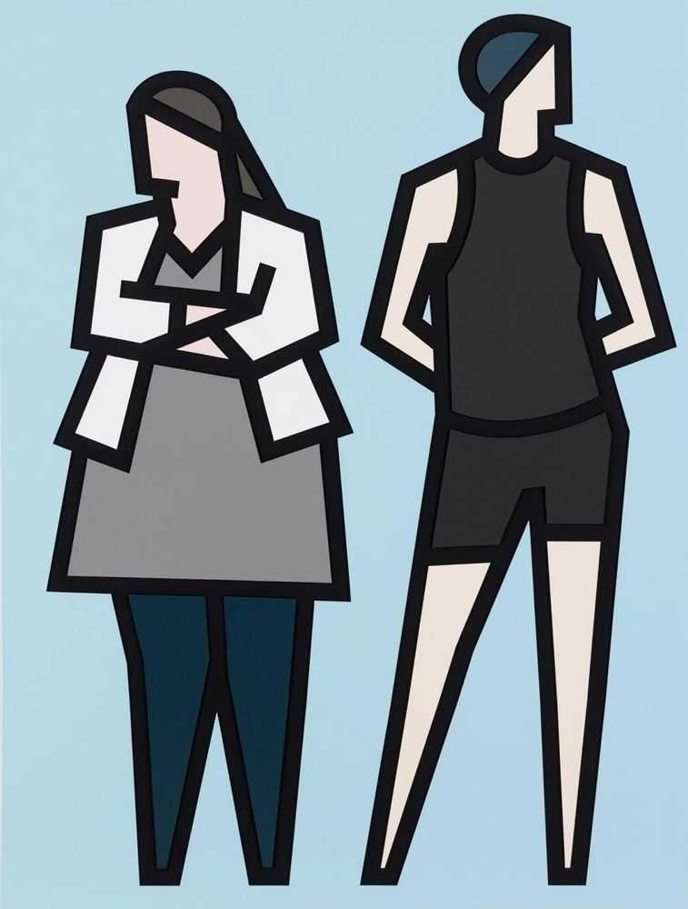 Julian Opie, ‘Standing Couples - Lydia and Garrett’, 2024, Print, Hand-colored relief with collage on museum board mounted to foamboard in artist's frame, null, 