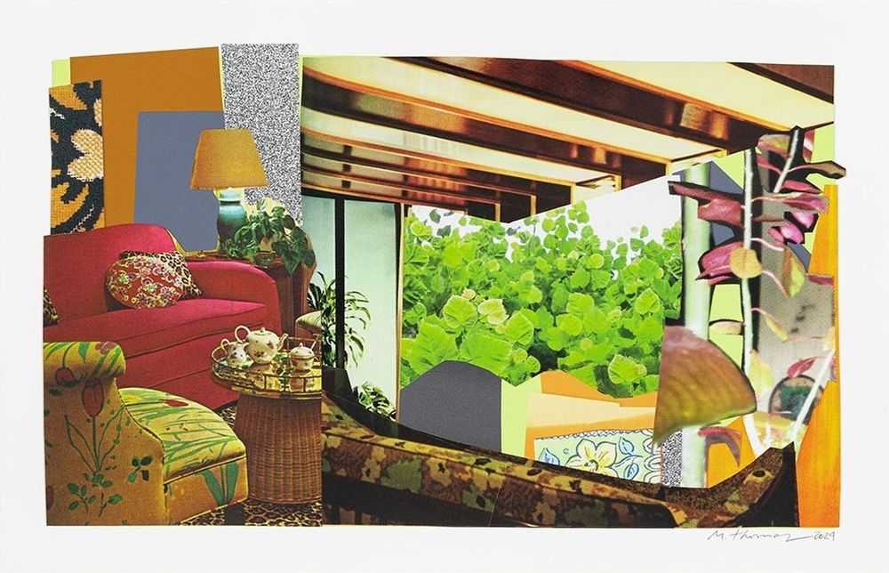 Mickalene Thomas, ‘Interior: Red Couch and Landscape’, 2024, Print, UV pigment print on 410gsm Somerset Tub Sized Radiant White paper with 2 silkscreen metallic shimmer and glitter layers, 2 satin and gloss detail layers and a matte varnish silkscreen seal., Avant Arte, Numbered, Dated
