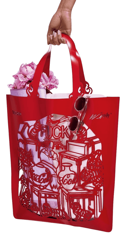 Ai Weiwei, ‘The China Bag ‘Cats and Dogs’’, 16-09-2021, Collectible, Red PVC bag with transparent inlay, passepartout for framing and packaged in cardboard box, Taschen, Numbered
