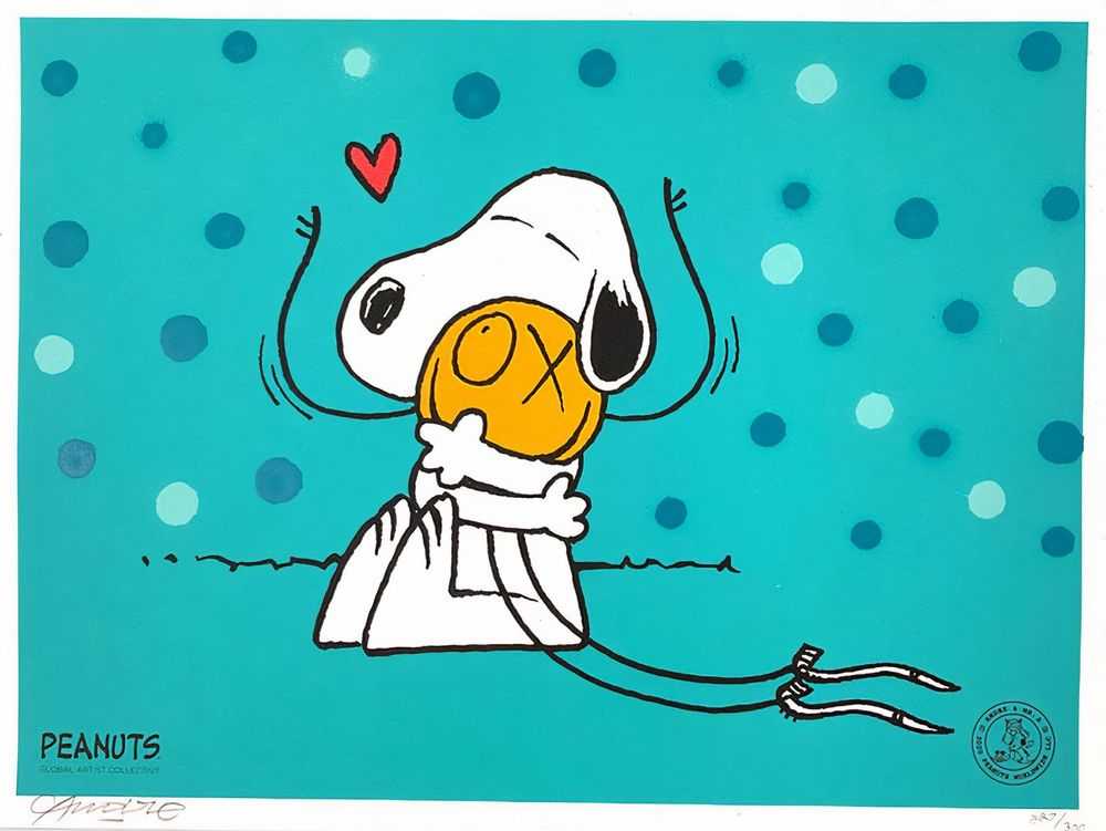 André Saraiva, ‘Snoopy Hugs Mr. A (Hand Finished Blue)’, 2020, Print, hand-finished with spraypaint silkscreen on 90# Cover Crane Lettra Cotton Archival Paper, Self-released, Numbered, Handfinished