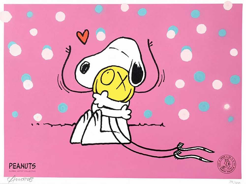 André Saraiva, ‘Snoopy Hugs Mr. A (Hand Finished Pink)’, 2020, Print, hand-finished with spraypaint silkscreen on 90# Cover Crane Lettra Cotton Archival Paper, Self-released, Numbered, Handfinished