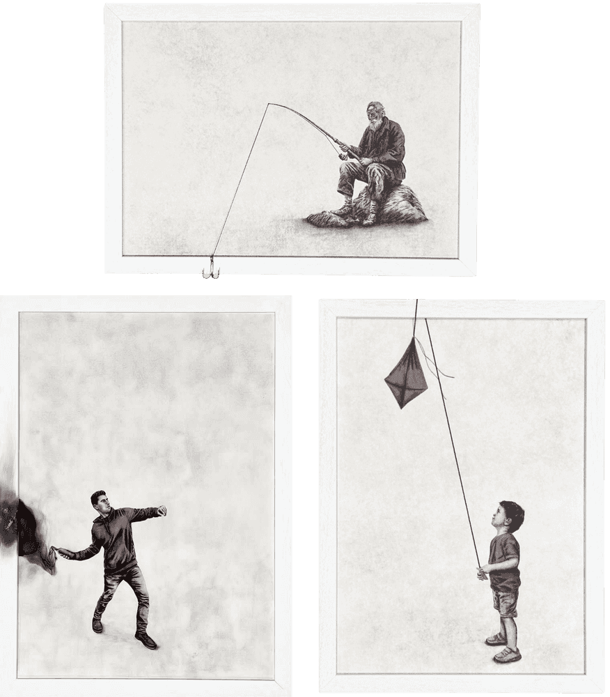 Andrew Scott, ‘Backfire, Hooked, Kite (Set of 3)’, 2024, Print, Giclée on 315 gsm Etching Cotton Rag, Stowe Gallery, Numbered, Framed