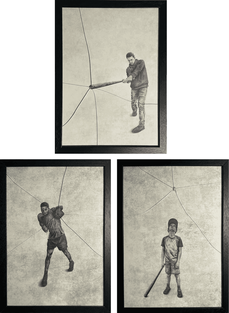 Andrew Scott, ‘Smash (Red), Boxer, Foul Ball (Set of 3)’, 2023, Print, Set of 3 Watercolor Paper Prints + Chiseled frame + Hand Drawn Digital Illustration, Stowe Gallery, Numbered, Framed