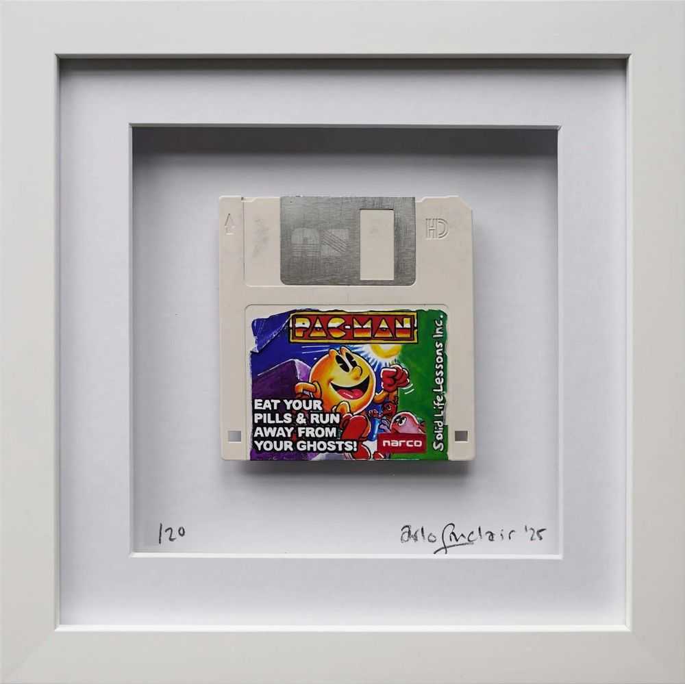 Arlo Sinclair, ‘Pills & Ghosts’, 2025, Sculpture, Hand-painted retro floppy disk: acrylic paint, plastic disk, aluminium, paper, Self-released, Numbered, Handfinished, Framed