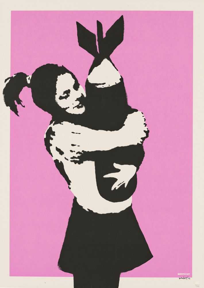 Banksy, ‘Bomb Hugger (Bomb Love) (Signed)’, 2003, Print, 2 colour screenprint on paper, Pictures On Walls, Numbered, Dated