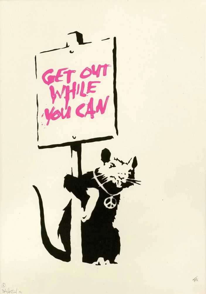 Banksy, ‘Get Out While You Can (Signed) (Pink)’, 2004, Print, Screenprint on paper, Pictures On Walls, Numbered