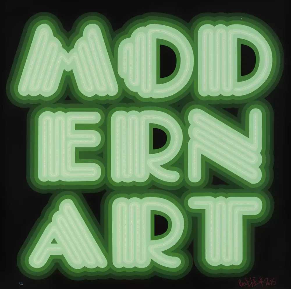 Ben Eine, ‘Modern Art (Neon Green)’, 16-03-2015, Print, 9 Color hand pulled screen print with UV screen, Elephants And Castles, Numbered