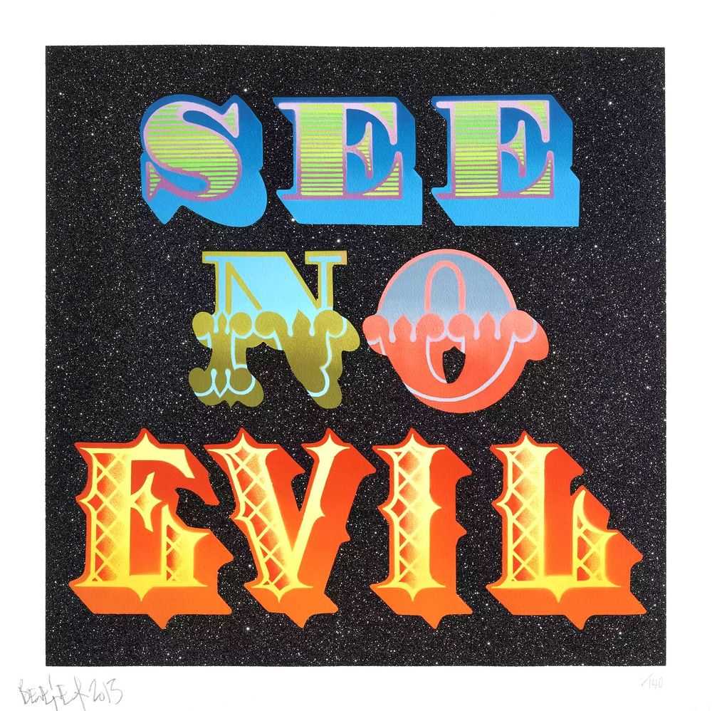 Ben Eine, ‘See No Evil’, 05-11-2013, Print, Hand Pulled screenprint with crushed black diamond dust glitter, Elephants And Castles, Numbered
