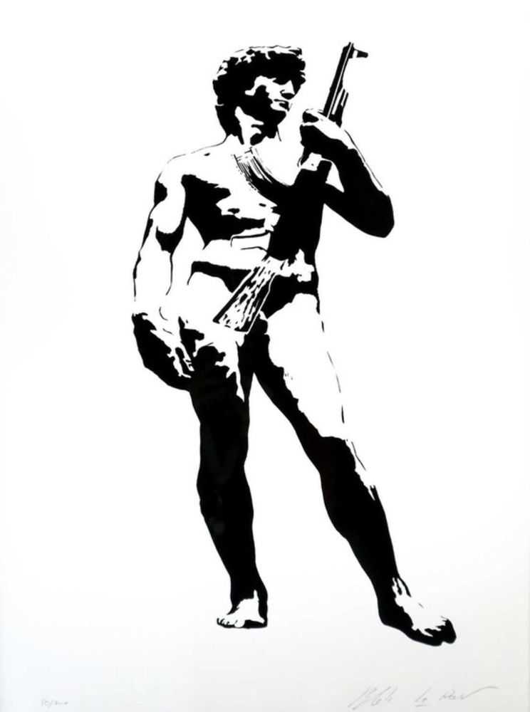 Blek le Rat, ‘David With Kalashnikoff’, 28-08-2007, Print, Screenprinted in 3 blacks plus a varnish on 300gsm Somerset Satin White paper, Black Rat Press, Numbered