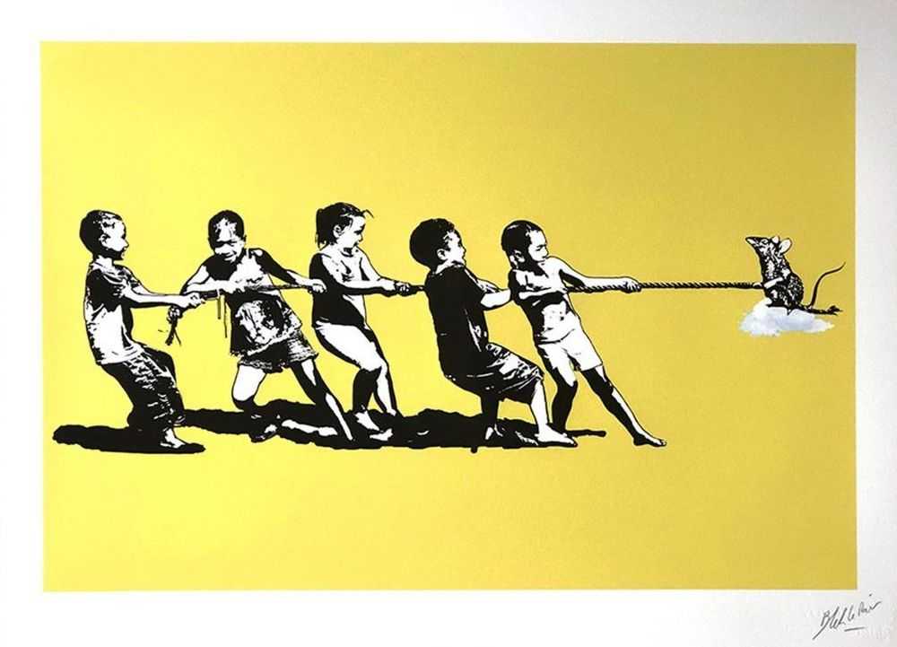 Blek le Rat, ‘Rope Pulling (Yellow)’, 10-06-2021, Print, 3 colour screenprint on 300gsm Vélin d'Arches paper, Self-released, Numbered