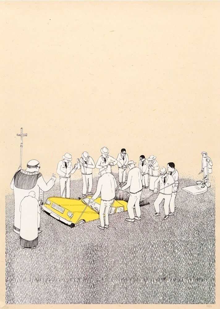 Blu, ‘Funeral’, 10-12-2007, Print, 3 Colour screenprint on 200gsm recycled straw buff paper, 200 gsm, Pictures On Walls, Numbered