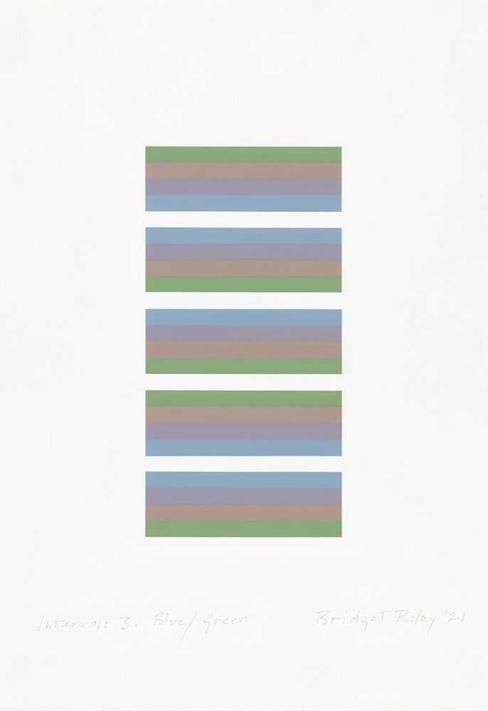 Bridget Riley, ‘Invervals 3 (Blue/Green)’, 2022, Print, Screenprint on paper, Self-released, Numbered, Dated, Framed