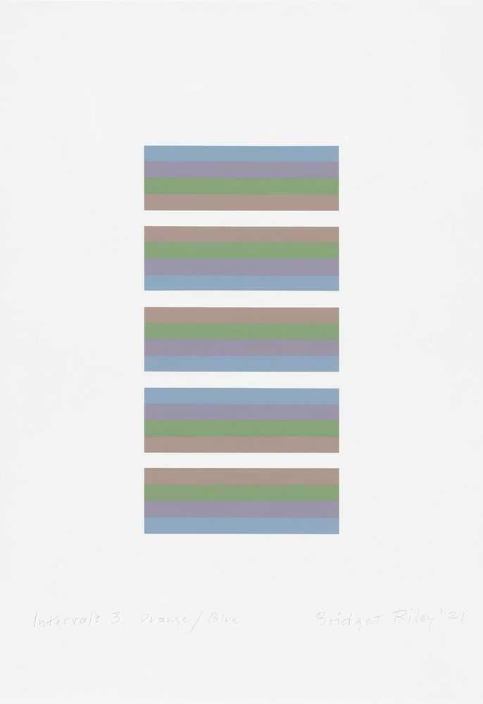 Bridget Riley, ‘Invervals 3 (Orange/Blue)’, 2022, Print, Screenprint on paper, Self-released, Numbered, Dated, Framed