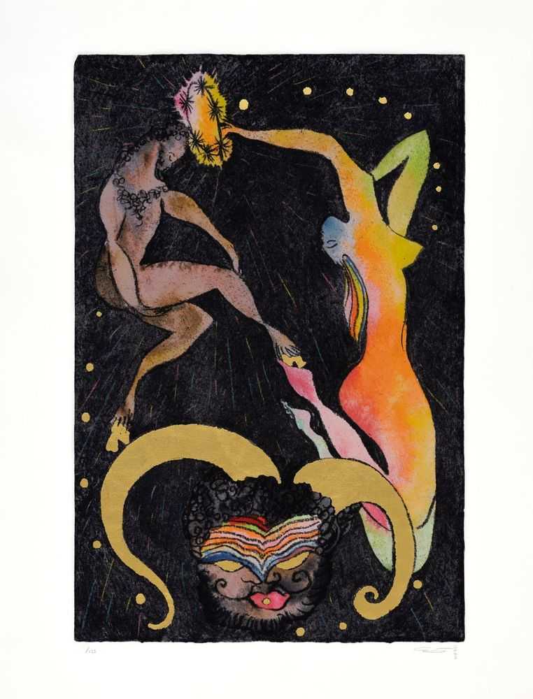 Chris Ofili, ‘Crowning of a Satyr’, 2023, Print, 40 colour screenprint with hand applied 24 carat gold leaf on Somerset Tub Sized Satin White 410gsm, Counter Editions, Numbered