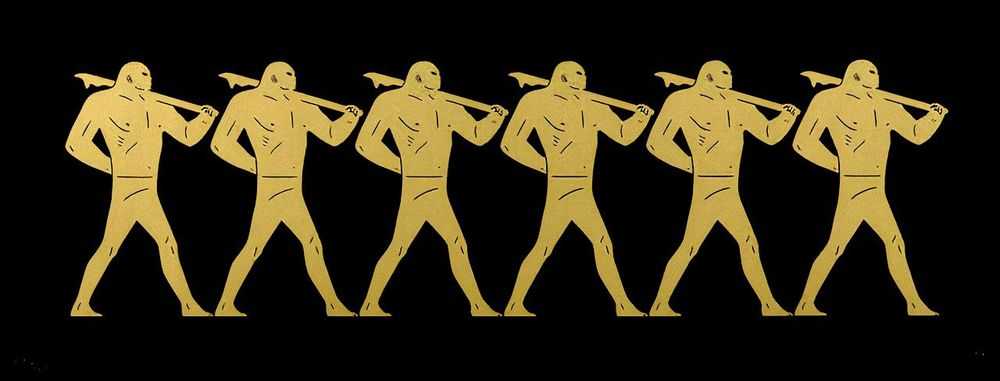 Cleon Peterson, ‘The Marchers (Black)’, 12-04-2016, Print, Hand pulled gold screenprint printed on 250gsm Arches Cover Black paper with deckled edges, Self-released, Numbered