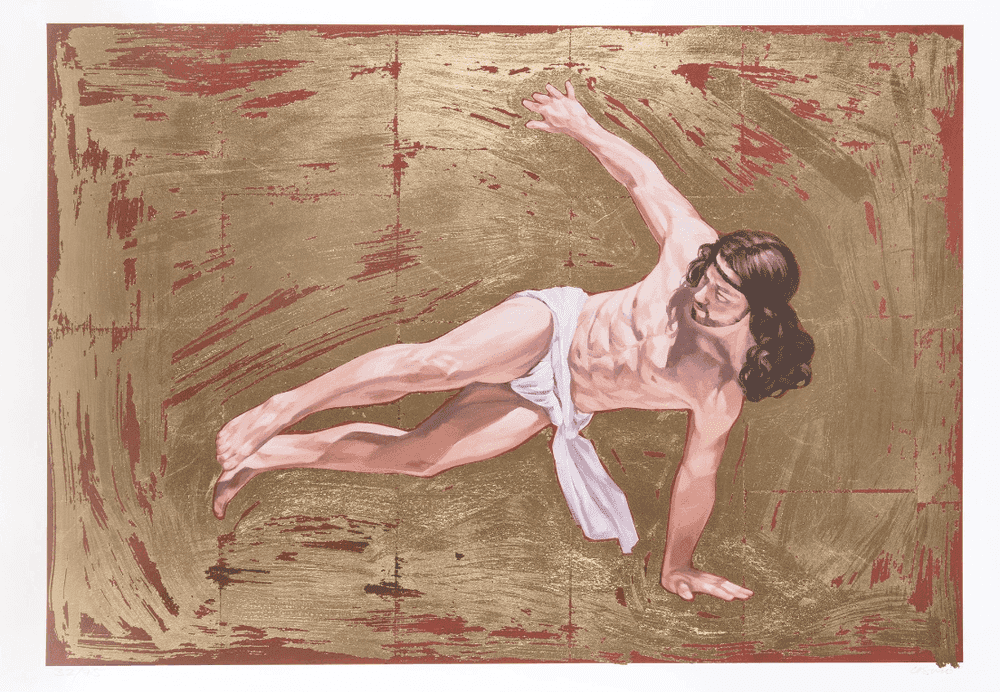 Cosmo Sarson, ‘Breakdancing Jesus - Flares’, 2015, Print, giclee print with hand applied gold leaf on 308 gsm Hahnemeule paper, Self Released, Numbered, Handfinished