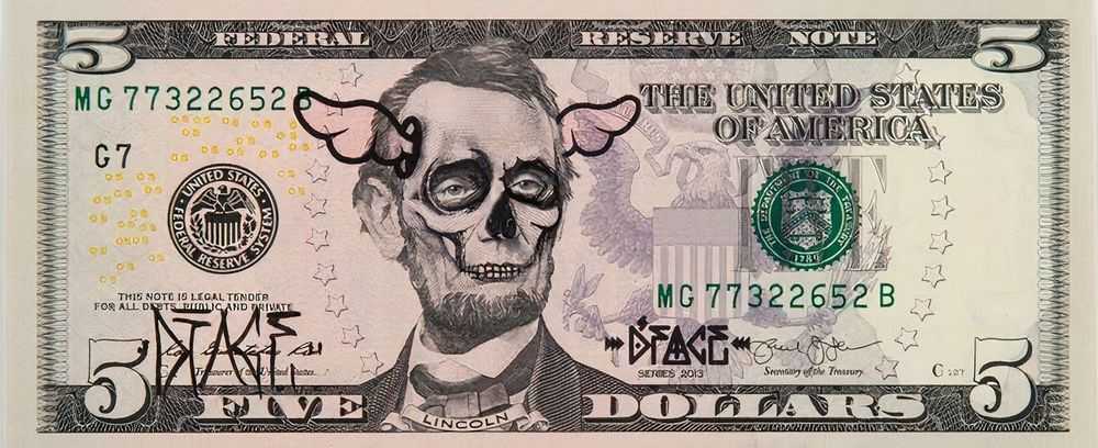 D*Face, ‘In Dog We Trust’, 15-09-2016, Print, Offset, Pen & Ink on REAL $5 Bil, APPortfolio, Numbered, Handfinished