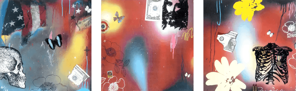 Dan Baldwin, ‘Apocalypse Wow Cont. Triptych’, 21-03-2007, Print, Hand finished giclee and screenprint with dollar bill, printed paper and bullet collage, Harwood King Fine Arts, Numbered, Handfinished