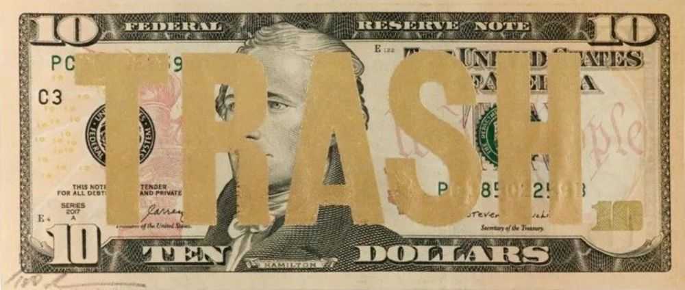 Dave Buonaguidi, ‘Trash 10 Dollar (Gold Leaf)’, 2025, Print, 1 Layer Screenprint with 24ct Gold Leaf Overlay on American 10 Dollar Bill, null, Numbered
