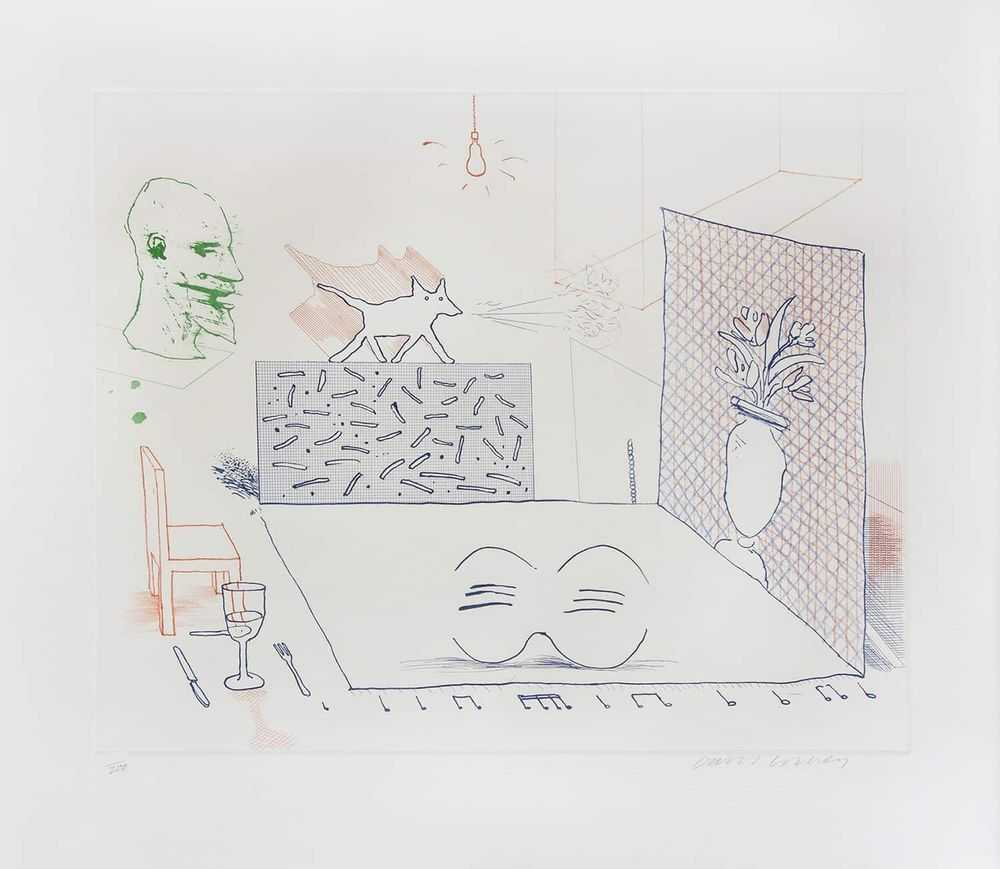 David Hockney, ‘Discord Merely Magnifies’, 1977, Print, Etching and aquatint in colours on wove paper, null, Numbered