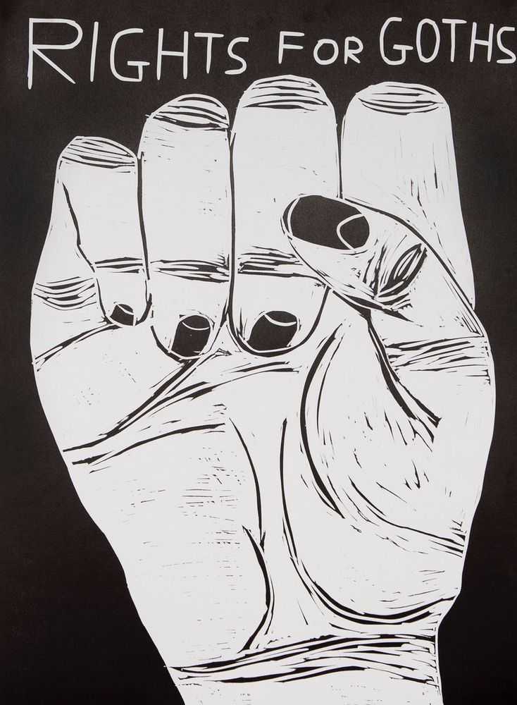 David Shrigley, ‘Rights For Goths’, 2017, Print, Linocut on wove paper, Schaefer Grafik, Numbered, Dated