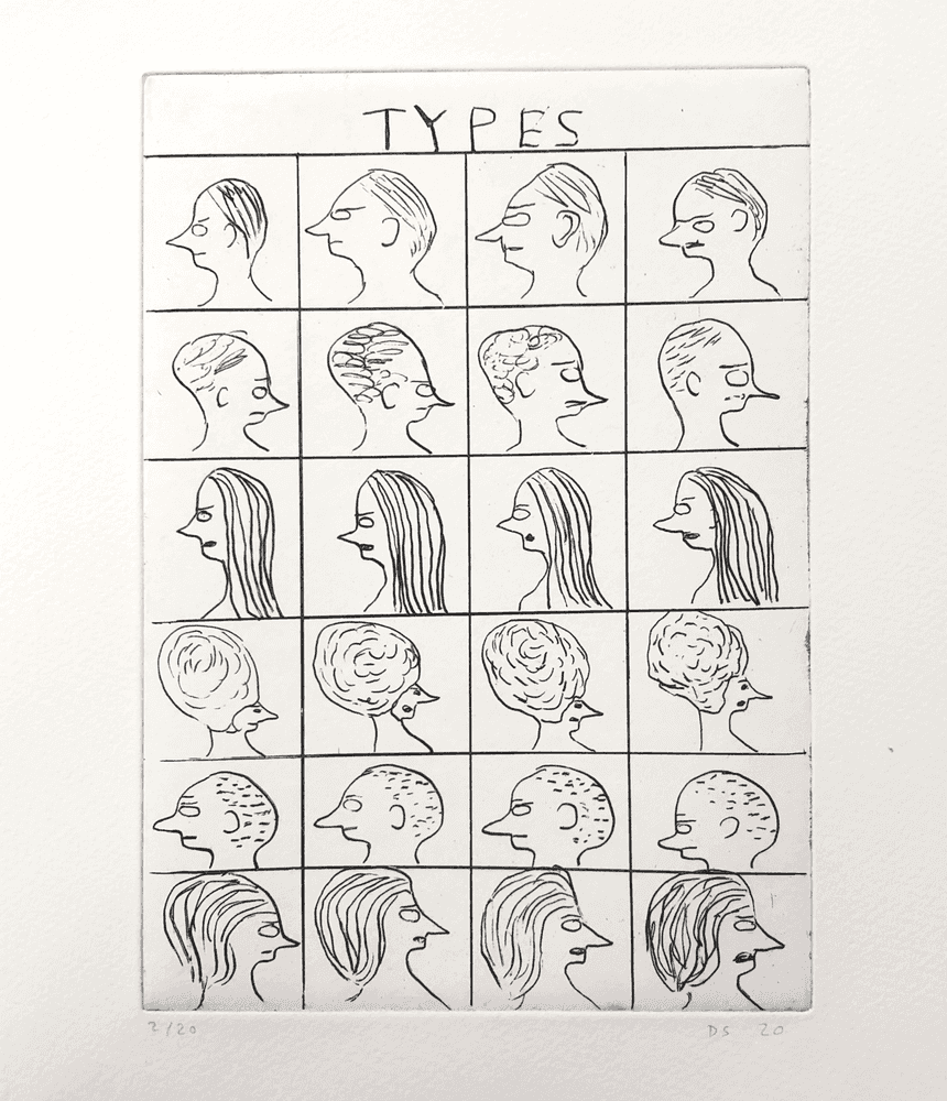 David Shrigley, ‘Types’, 2020, Print, Etching on 250gsm Somerset Paper, Schaefer Grafik, Numbered, Dated