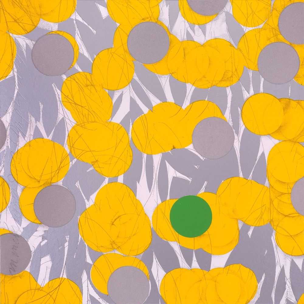 Donald Sultan, ‘Mimosa with Green, April 24, 2024’, 2024, Print, Silkscreen with enamel inks and sand on Rising 4-ply museum board, null, Numbered, Dated