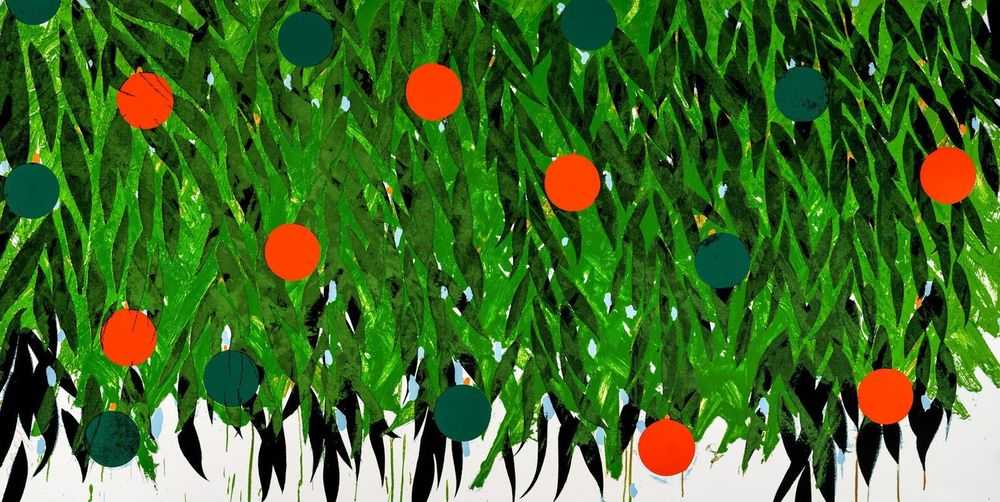 Donald Sultan, ‘Mimosa with Orange and Green’, 2021, Print, Silkscreen with enamel inks, flocking, and tar-like texture on Rising 4-ply museum board, null, 