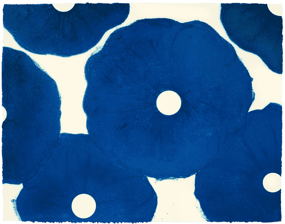 Donald Sultan, ‘Six Blue Poppies’, 2021, Print, Color silkscreen with enamel inks, flocking, and over printed flocking on Somerset 500 gsm Satin Radiant White with deckle edges, null, Numbered, Dated