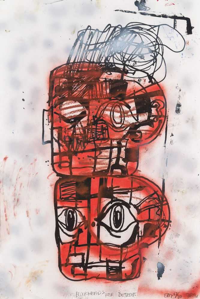 Eddie Martinez, ‘Blockheads For Detroit’, 06-03-2019, Print, Screenprint ink, oil paint, spray paint, crayon and debris on paper, Art & Culture Projects, Numbered, Dated, Handfinished