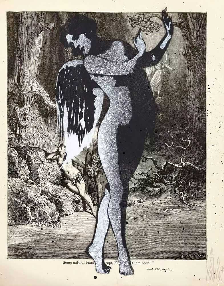 Eelus, ‘Saddened’, 21-06-2015, Print, Spraypaint on Antique Book Page, Self-released, Handfinished