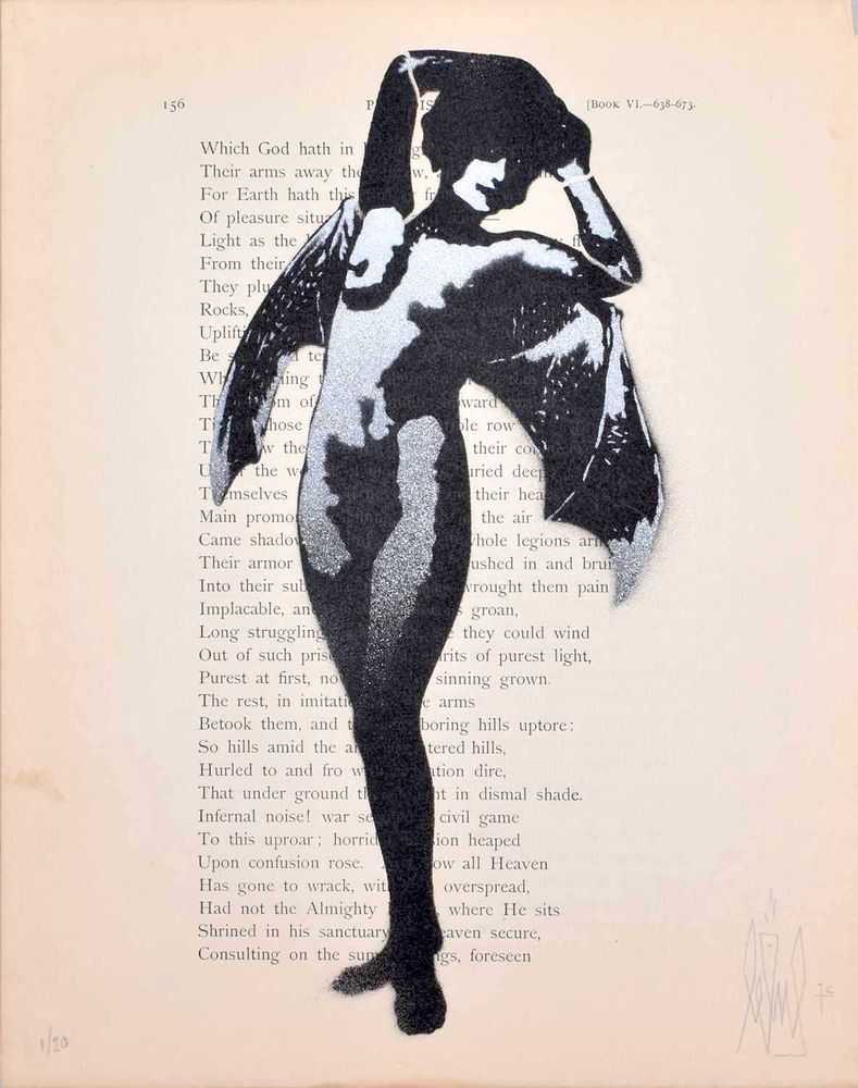 Eelus, ‘Temptation’, 21-06-2015, Print, Spraypaint on Antique Book Page, Self-released, Handfinished