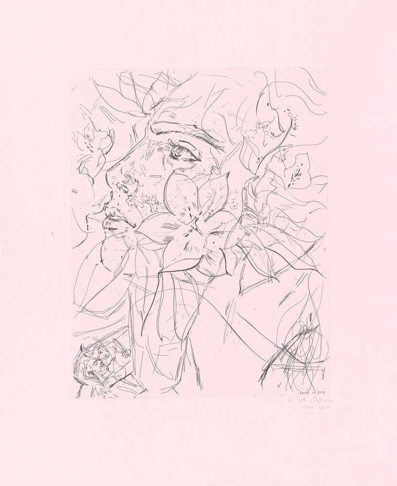 Elizabeth Peyton, ‘Timothée/Elio (Call me by Your Name)’, 2019, Print, Etching on hand dyed pink paper, null, Numbered
