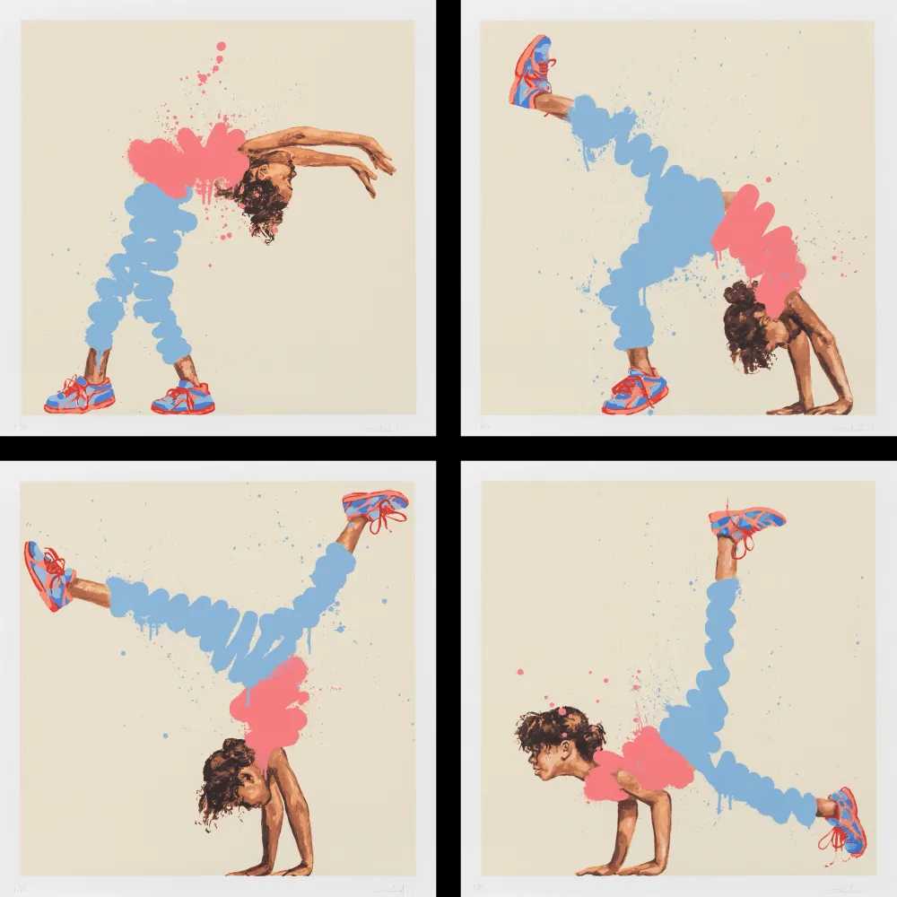 Ernest Zacharevic, ‘Bending Over Backwards #1 #4’, 01-04-2020, Print, Pack of four 13-colour screenprints on Keaykolour White 300 g/m2 paper, Underdogs, Numbered