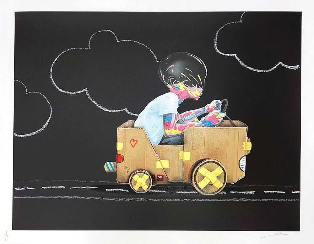 Flog, ‘Driven (Black Edition - Hand-Finished)’, 2023, Print, 24 colour screen print on 330 gsm Somerset paper - Hand-finished with pastels - exhaust fumes on each print is unique, drawn in pastels then sealed at the print shop with varnish, Graffiti Prints, Numbered, Handfinished