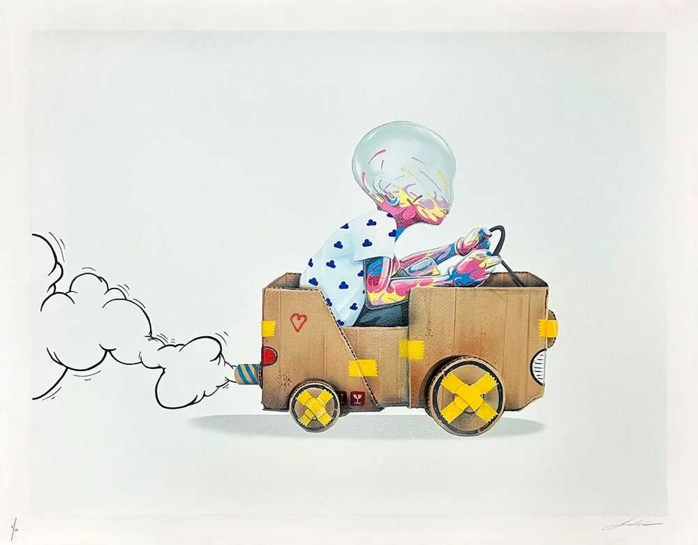 Flog, ‘Driven (White Edition - Hand-Finished)’, 2023, Print, 24 colour screen print on 330 gsm Somerset paper - Hand-finished with pastels - exhaust fumes on each print is unique, drawn in pastels then sealed at the print shop with varnish, Graffiti Prints, Numbered, Handfinished