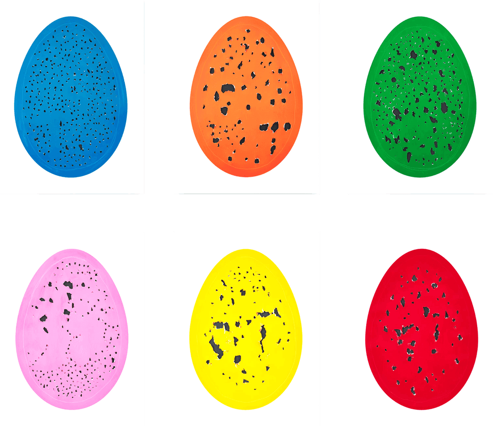 Gavin Turk, ‘Holy Eggs (Set of 6 Prints)’, 2022, Print, Collaged archival pigment prints with laser-cutting and hand-tearing by the artist, Manifold Editions, Numbered, Handfinished
