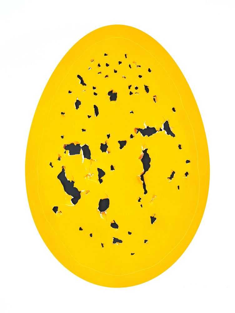 Gavin Turk, ‘Holy Eggs (Yellow)’, 2022, Print, Collaged archival pigment print with laser-cutting and hand-tearing by the artist, Manifold Editions, Numbered, Handfinished