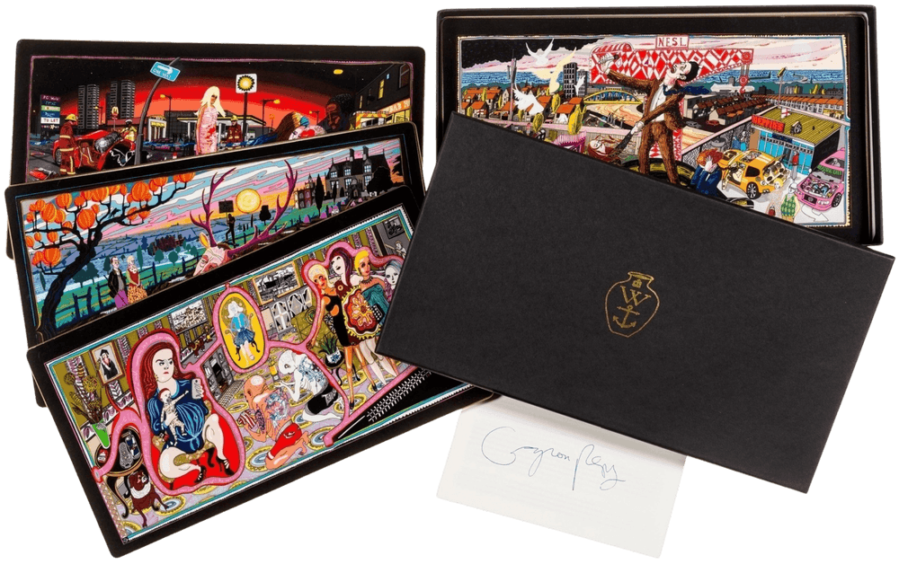 Grayson Perry, ‘The Vanity of Small Differences’, 2012, Collectible, Box with six place mats, melamine, eucaplytus board, felt, Yoox, Numbered