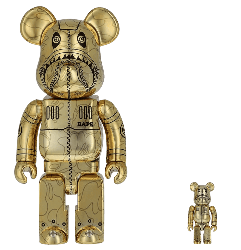 Hajime Sorayama, ‘BAPE Camo Shark 100% & 400% Set (Gold)’, 31-07-2021, Sculpture, Acrylonitrile Butadiene Styrene, Medicom Toy, 